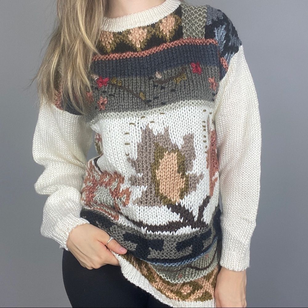 Vintage grandma knit sweater. Fall leaf pattern cottage core grandpa pullover